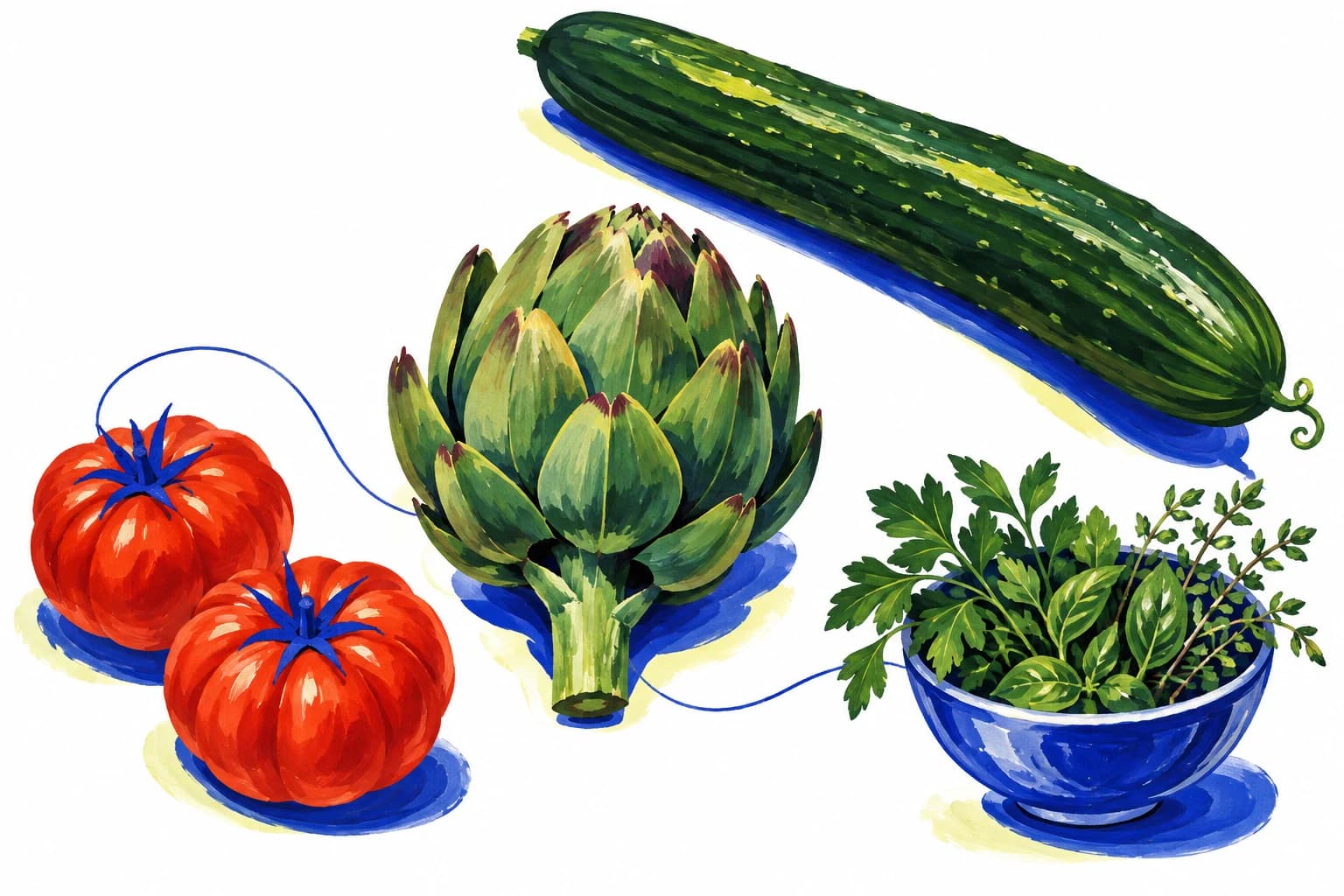 Illustration peinte de tomates, d’un artichaut, d’un concombre et d’herbes fraîches
